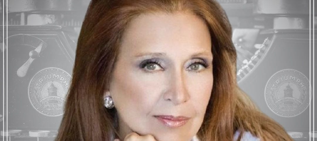 Danielle Steel chin on hand superimposed over antique typewriter