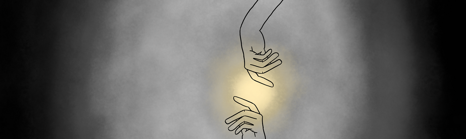 Art of two hands reaching for each other with a glowing light between them