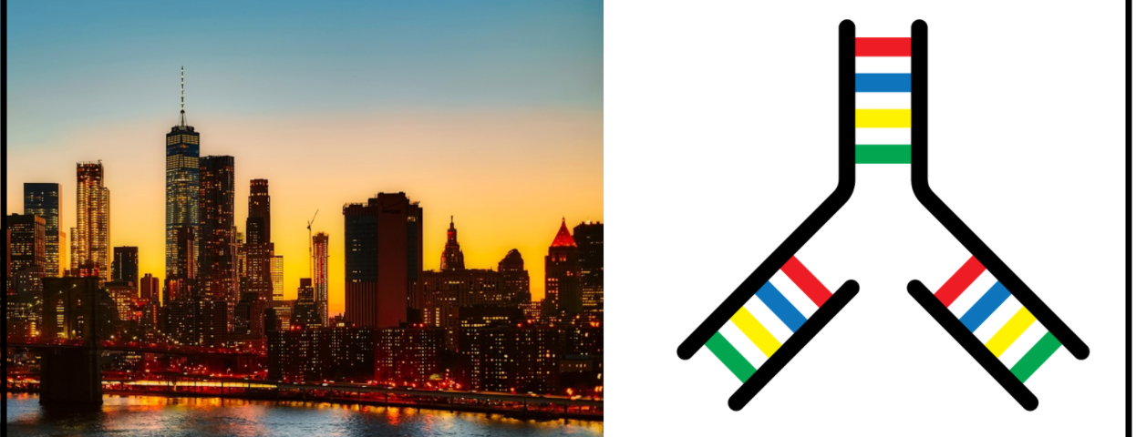 Skyline of New York City at Sunset next to the IndieBio logo