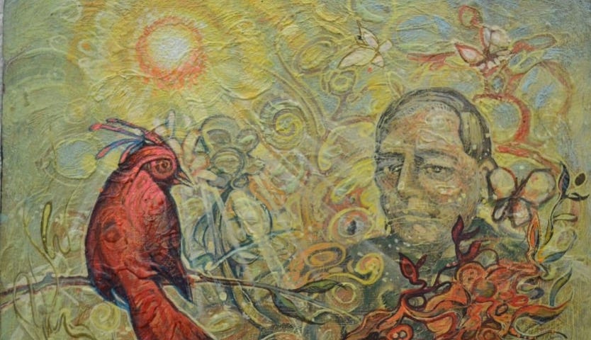 A painting of a Red Bird on a limb and Benito Juarez by Mexican artist Joel Isla.