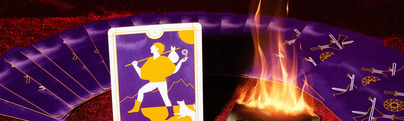 A graphic featuring tarot cards on fire.