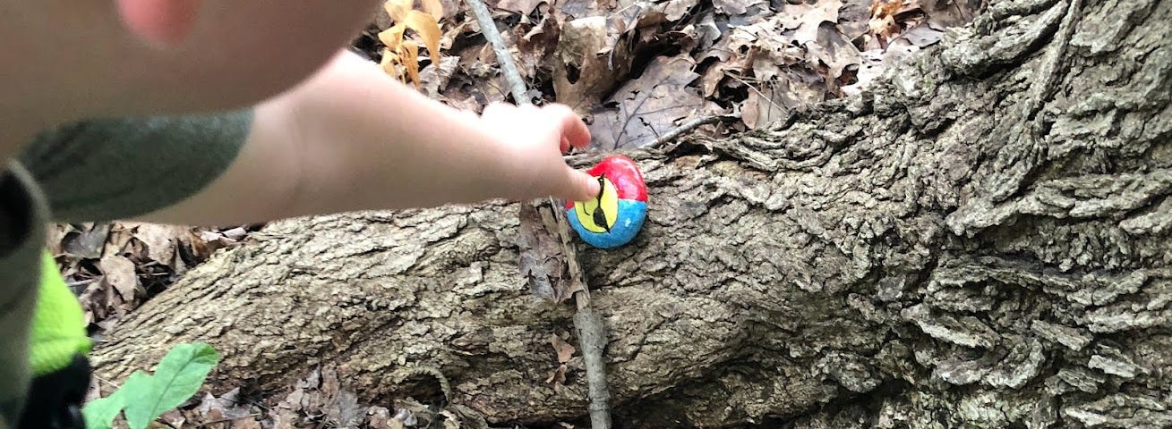 Young boy’s hand touching a painted rock in the park