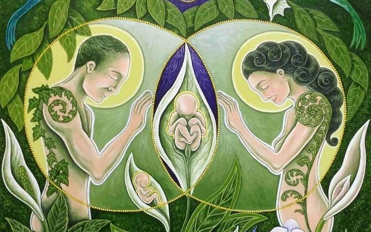 Woman and man with greenery and babies in pods