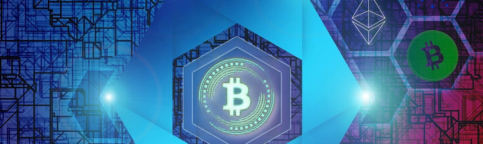 A large blue hexagon covers most of the background with Bitcoin logo (green) in the middle. Various other hexagons in light and dark blue colours around it with logos of cryptocurrencies.