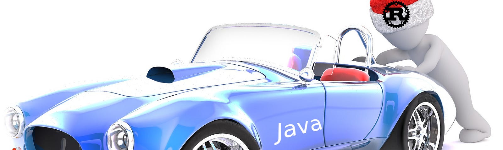 A 3d-model of a human with RustLang logo on a hat pushed the sports car with Java text on a side.