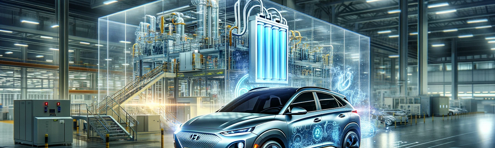 An advanced, futuristic image showcasing Hyundai’s strategic move into LFP battery production for electric vehicles. The scene includes a sleek Hyundai electric vehicle, possibly the Kona EV, equipped with LFP batteries, highlighted through a transparent view. In the background, a high-tech battery manufacturing facility is visible, symbolizing Hyundai’s commitment to in-house production and innovation.