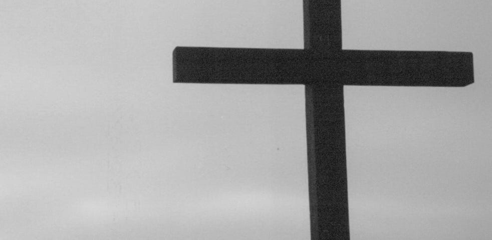 Photo is in Black and White of a large cross standing among shrubery and within sight of horizon.