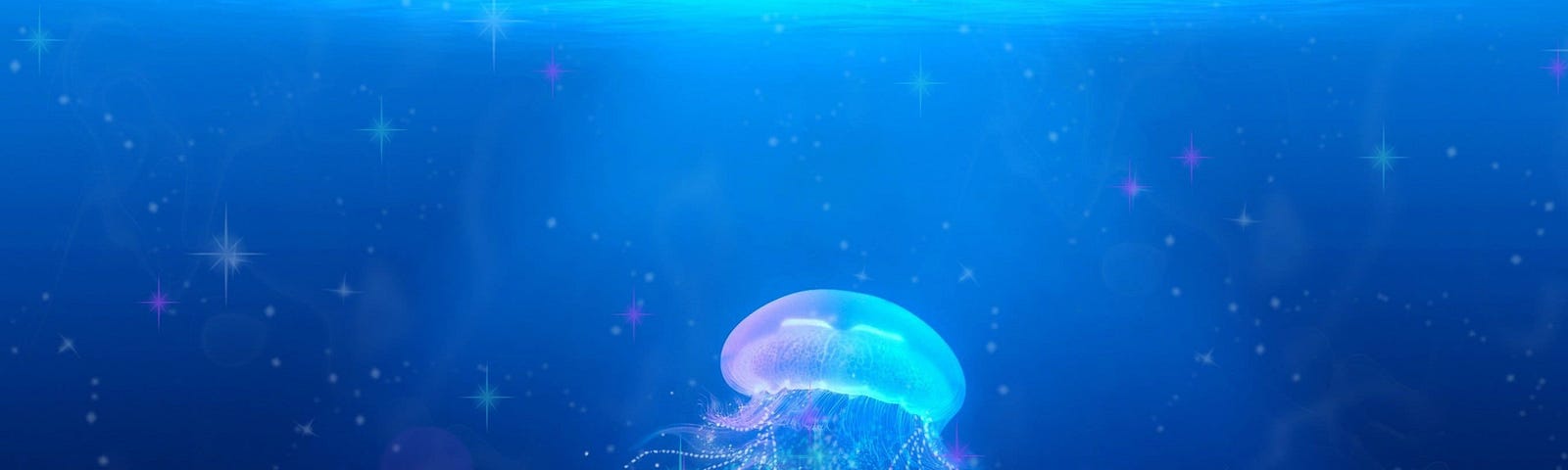 jellyfish with tentacles in the ocean, floating under the glowing surface