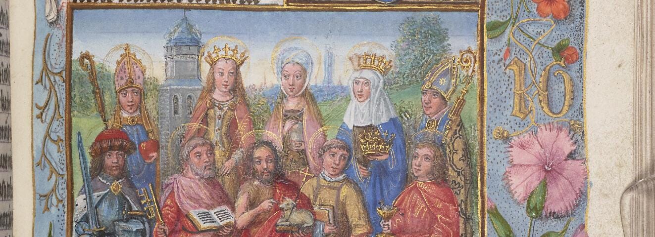 Two rows of five saints standing in a landscape, including Augustine and Barbara (back row), and John the Baptist and John the Evangelist, with a religious canon kneeling to him (front row). Text above and below. Surrounded by a blue-grey border decorated with flowers and flies, and the initials I. G. in gold.