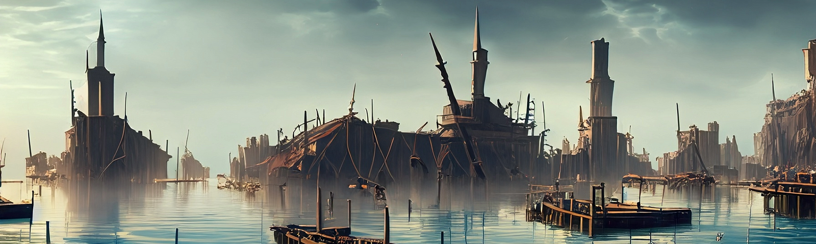 A city messily made from wood is surrounded by water.