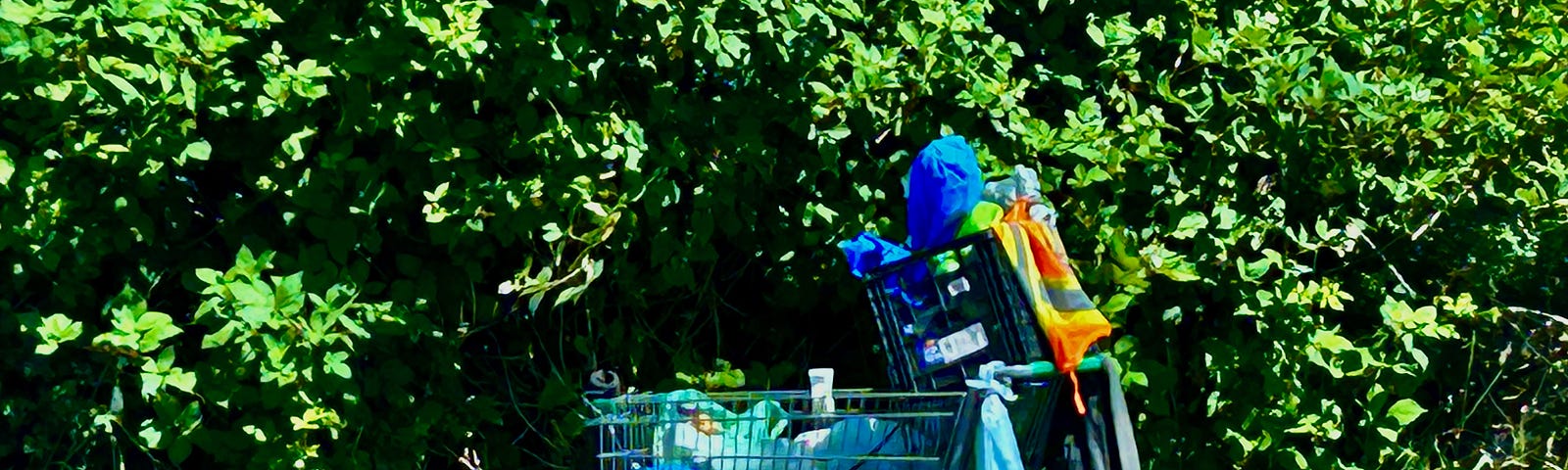 A loaded grocery cart sits beside the road. The contents are a variety of clothing and a bin. It appears to be the possession of someone who might be homeless