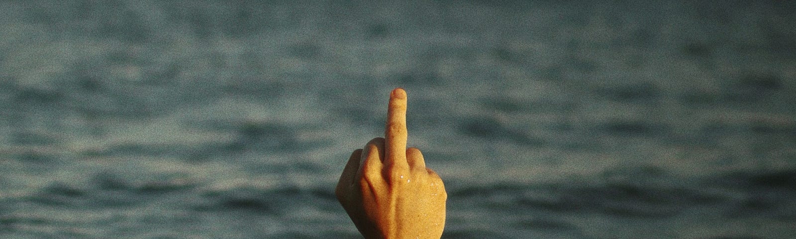 Hand and arm emerging from water with the middle finger salute.