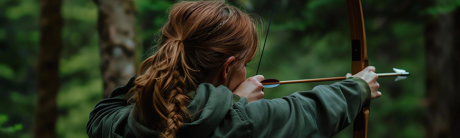 woman aims bow and arrow into woods