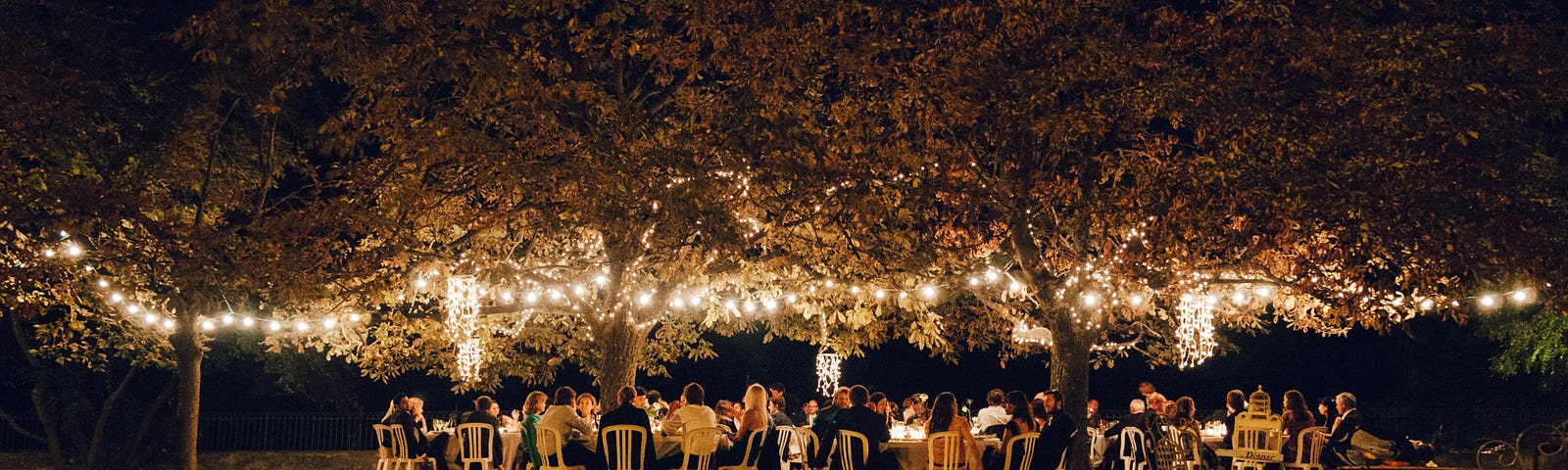 A dozen large tables are set in a garden under trees with lights. People are sitting at the tables, probably eating dinner.