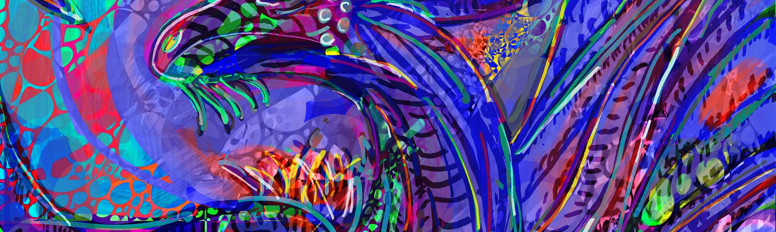 A Blue Dragon of layered digital painting, colors bubbling with green, orange, red, and purple.