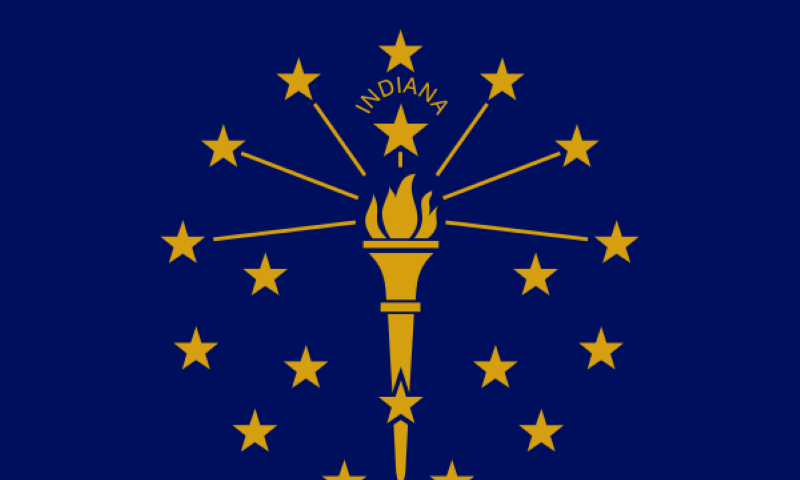 The state flag of Indiana, United States. It’s a blue flag with a yellow torch at the center. Seven lines are coming out from the torch. The torch is also surrounded by 19 stars, representing the fact Indiana is the 19th state. The word “Indiana” between two stars located above the torch.
