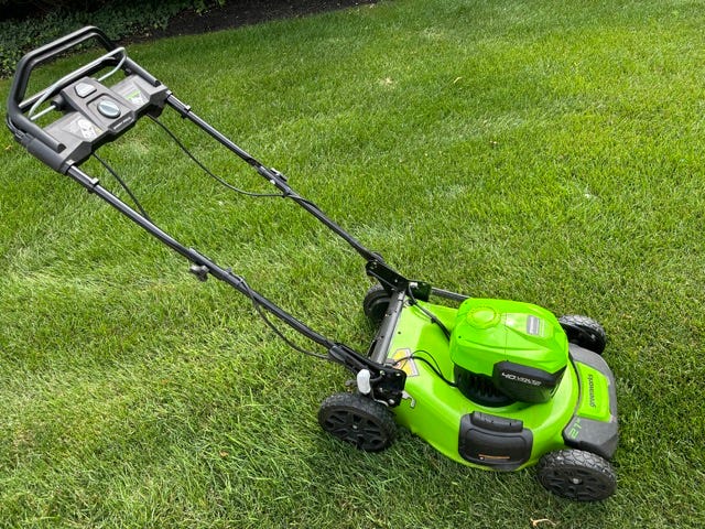 A full-view of the Greenworks 21" Self-Propelled Battery Lawnmower.