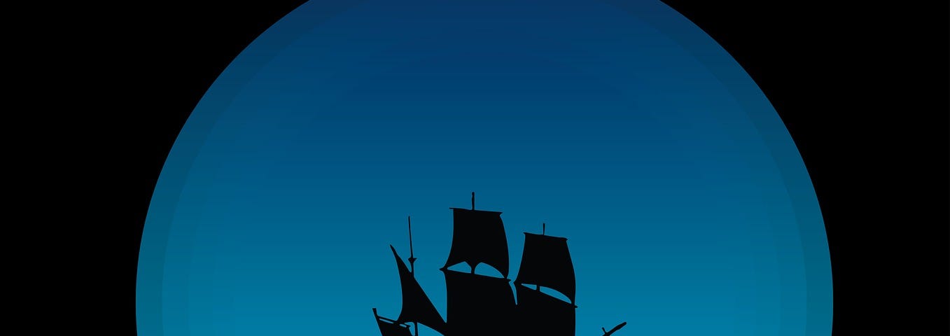 A silhouette of a ship in front of a blue moon