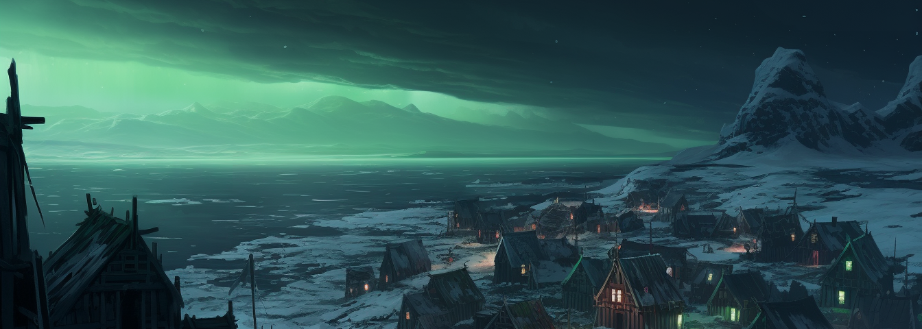 A frigid Inuit village on the shores of the Arctic Ocean, at night with the Northern Lights glowing overhead.