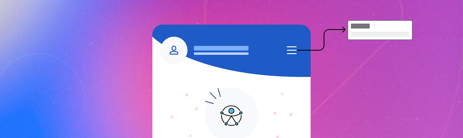 Ilustração com fundo degradê do azul ao rosa. Ao centro um celular com elementos genéricos que estão com especificações de acessibilidade.