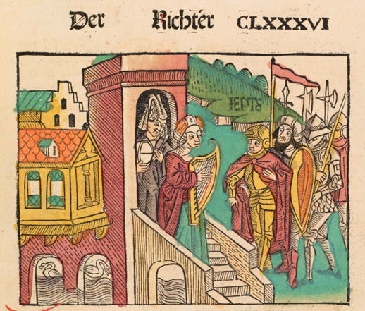 Two minstrels exiting a fortress of some kind while several knight-like figures approach.