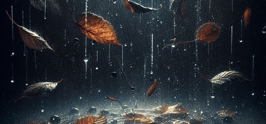 Rain/Raindrops And Dry Leaves Falling Through A Dark Background