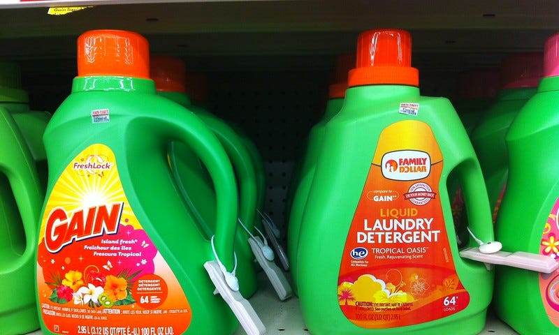 IMAGE: Laundry detergent bottles in a supermarket sporting an anti-theft device