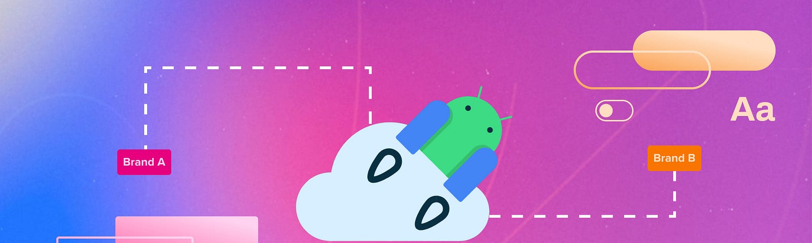 Arte digital com fundo degradê indo do azul para o rosa. Ao centro uma ilustração foguetinho do jetpack compose em destaque.