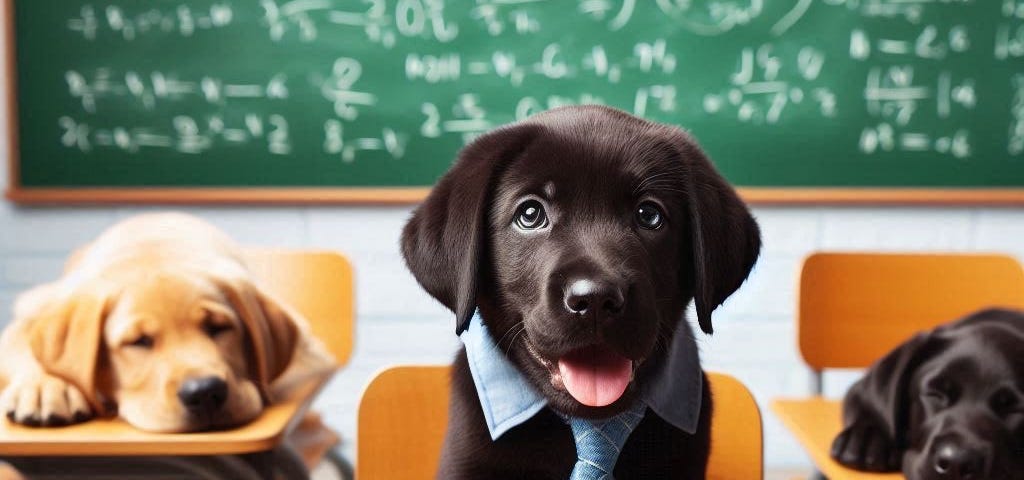AI image of three lab pups in class. The black lab is wearing a little collar and tie, the other two are resting their faces on the desk