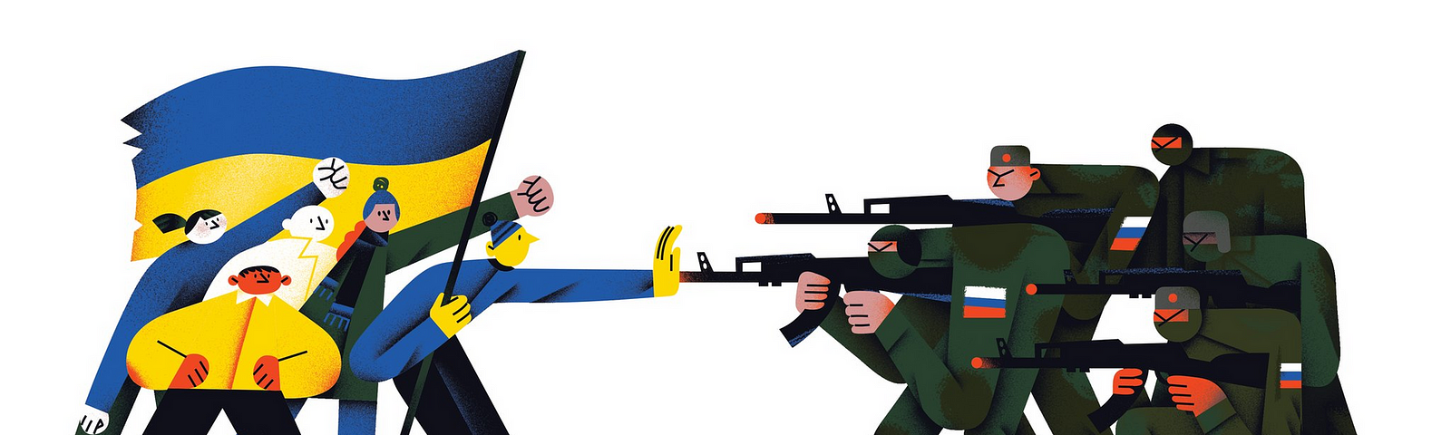 An illustration devoted to Russian war in Ukraine. Russian soldiers invaded Ukraine and are attacking civilians.