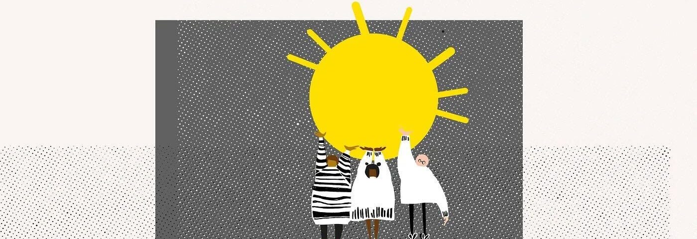 An illustration of three people holding up a yellow sun with their hands