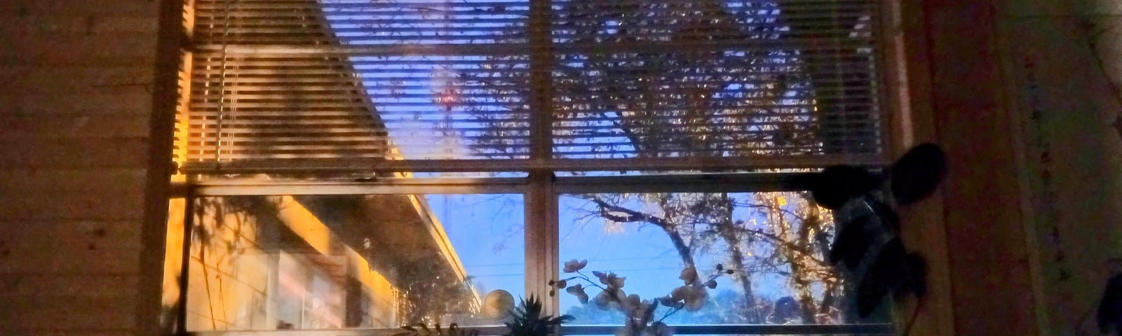 A window blazes with flourescent light at twilight.