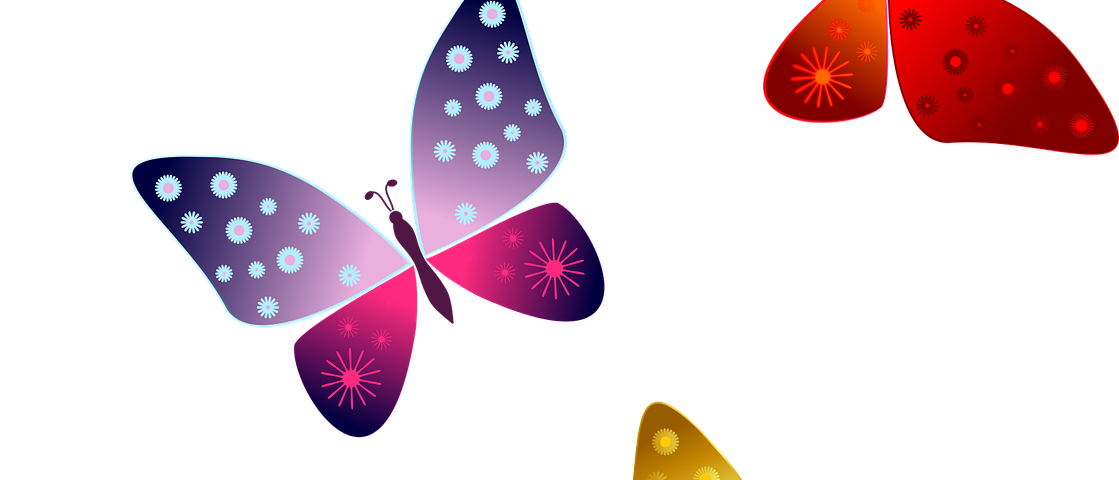 Four butterflies — one purple, one red, one green and the last yellow