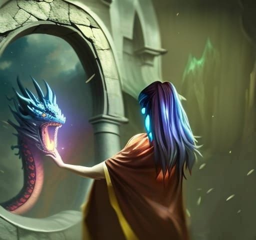 Seer looking at a dragon through a portal.