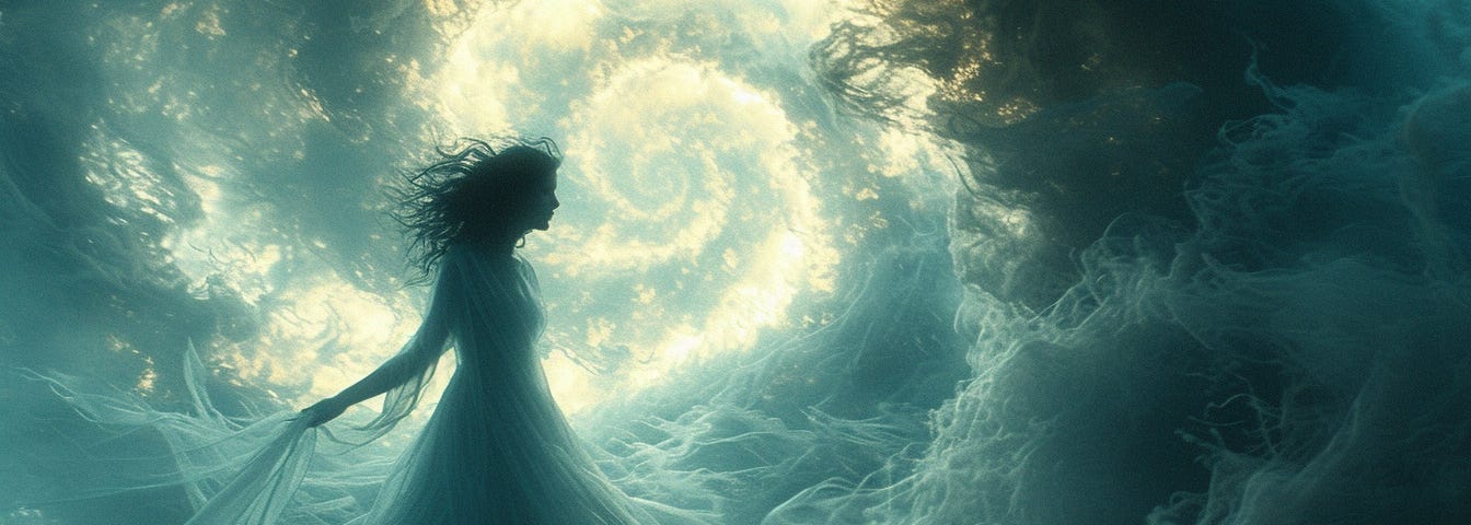 A woman surrounded by swirling blue clouds and sunlight.