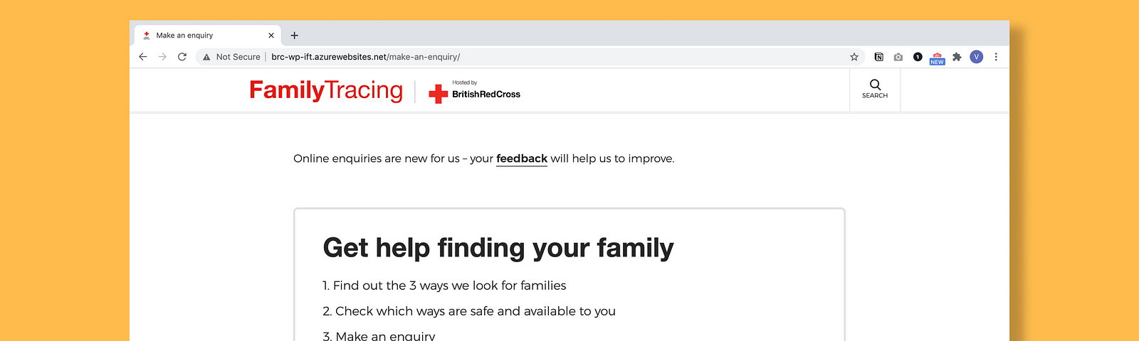 Screenshot of a red cross website where you can Get Help finding your family
