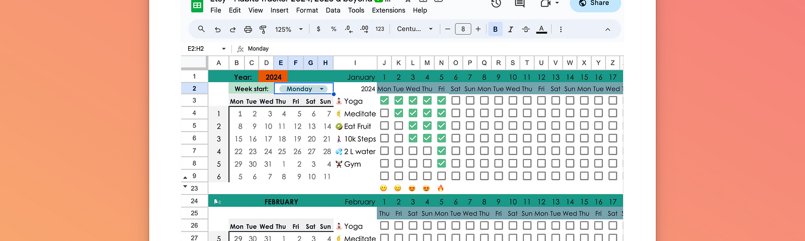 Screenshot of Habit Tracker Google Spreadsheet 2024