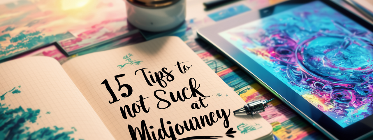 A beautifully detailed, high-definition image of an open notebook with the title “15 Tips To Not Suck At MidJourney” written in elegant script. The page is surrounded by a kaleidoscope of colorful sketches, including landscapes and abstract designs. A digital tablet with a vibrant art creation is placed next to the notebook, showcasing the artist’s digital skills. The overall ambiance of the image is natural and inspiring, with soft lighting and a sharp focus on the notebook and art supplies.
