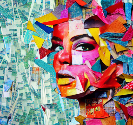 Collage of a woman made of bright colored paper