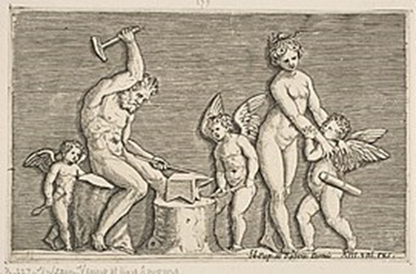reproduction of a 16th century black and white engraving print of Vulcan, Roman God of Fire, hammering metals, observed by the goddess Venus and three cherubs, or cupids