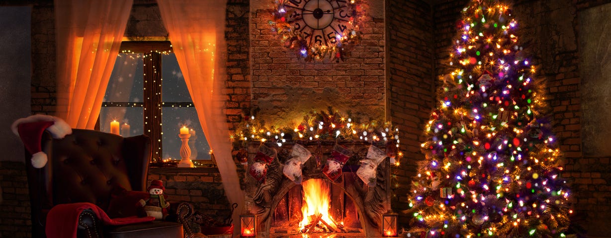 A traditional-looking living room decorated for Christmas. A fireplace, a Christmas tree, and strings of lights on the floor illuminate the room.