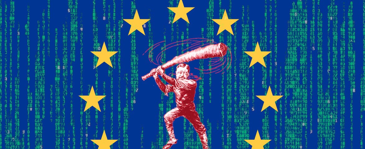 The EU flag superimposed over a Matrix “code waterfall” effect; in the center of the ring of stars is a vintage newspaper caricature of Roosevelt as a trustbuster, swinging his “big stick.”