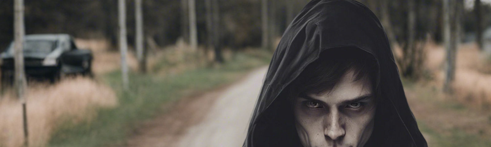 Creepy young man in a hoodie on a rural street