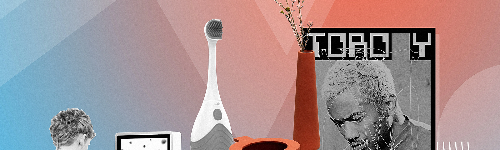 A collage of multiple student design projects, including Swiv, a wide-handled toothbrush.