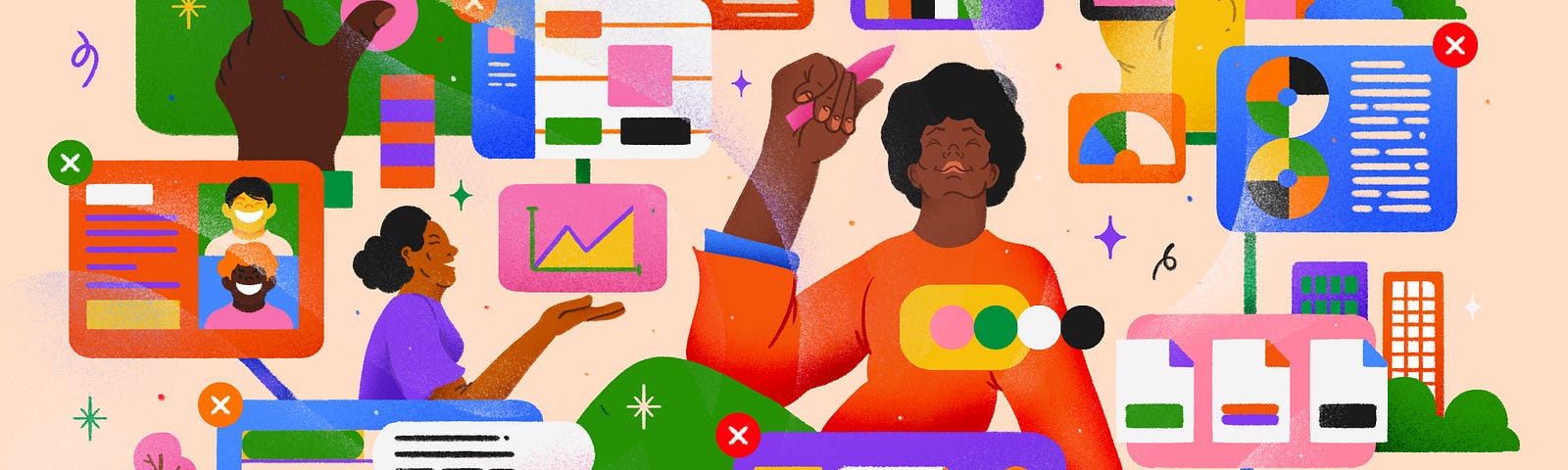 A very colorful digital illustration with a Black woman holding a pencil at the center. She’s surrounded by more than a dozen documents and electronic devices with different graphics on them.