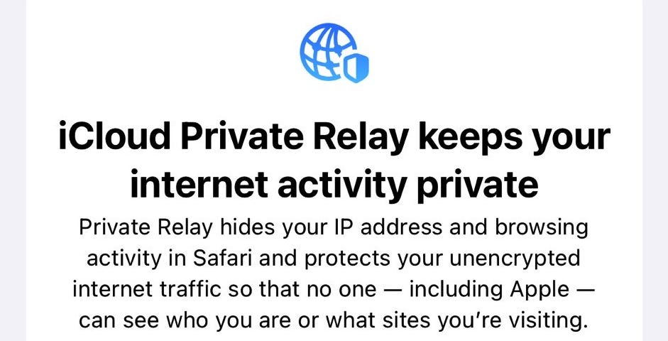 IMAGE: A screen capture of an iPhone activating the Private Relay screen