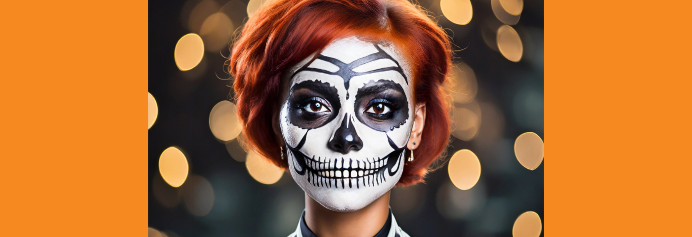 Firefly cute redheaded woman with short hair and skeleton makeup, orange lights in background