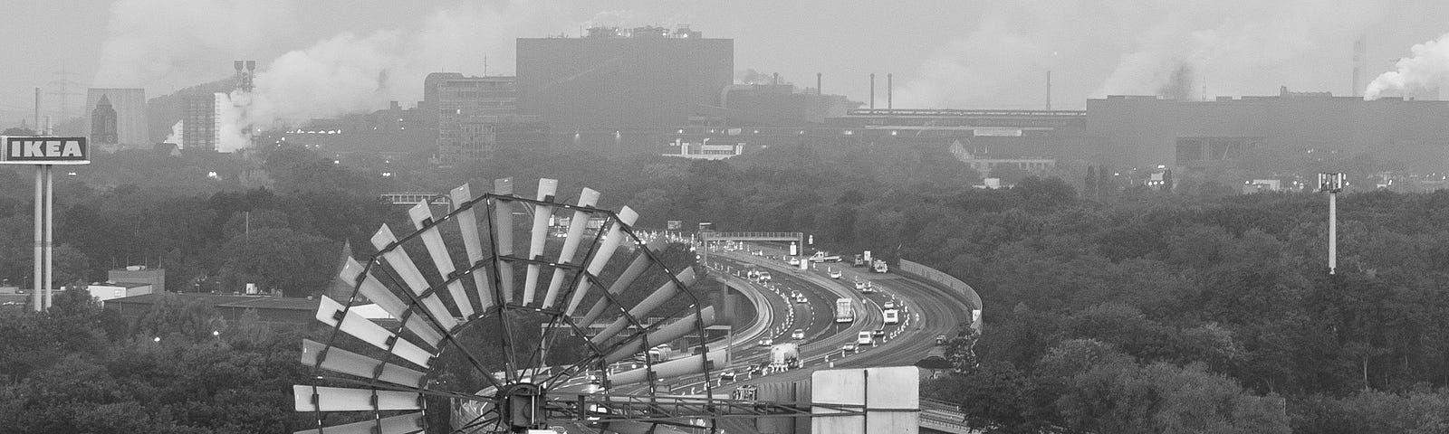 Early morning traffic on the nearby motorway as seen from the Landschaftspark blast furnace. Duisburg, Germany, September 30, 2023.