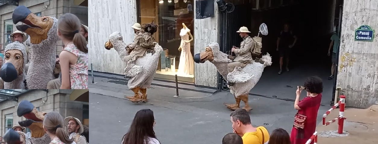 Explorers on dodo birds walking in downtown Bucharest, a street theater act that was part of B-FIT in the Street 2023