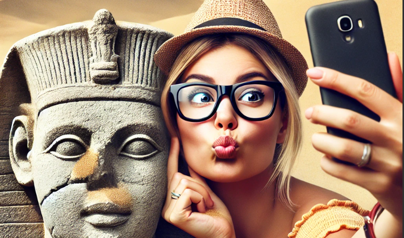 an image of a woman taking a selfie with the sphinx